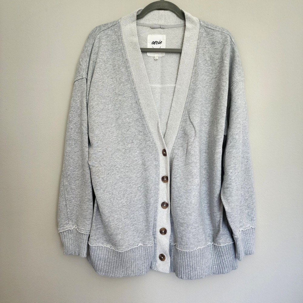 Aerie Cardigan Fleece Sweatshirt V-Neck Button Gray Slouchy Oversized Size L